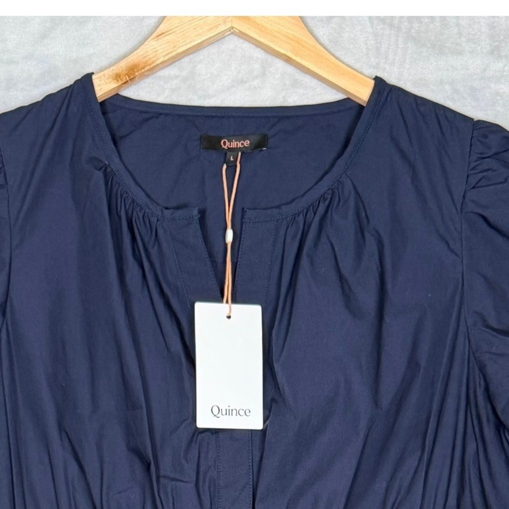 New Quince Tiered Mini Dress Large Navy Blue Cotton Poplin Short Sleeve - Picture 4 of 10
